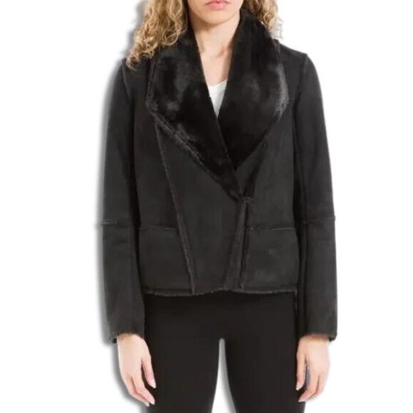 Max Studio Short Jacket Faux Fur Lining Suede Hook Eye Closure Black Large NWOT - Picture 1 of 9